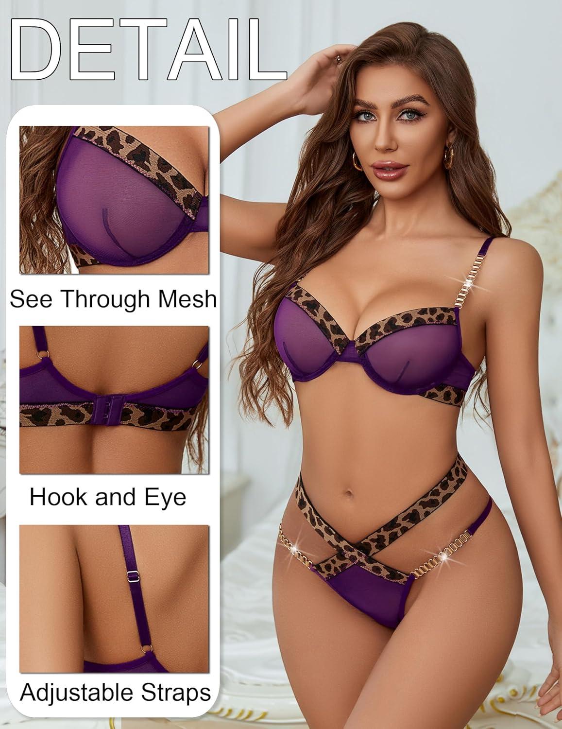 imageAvidlove Sexy Lingerie Set Mesh See Through Underwire Bra Panty Set Leopard Splice Push Up Lingerie with ChainPurple