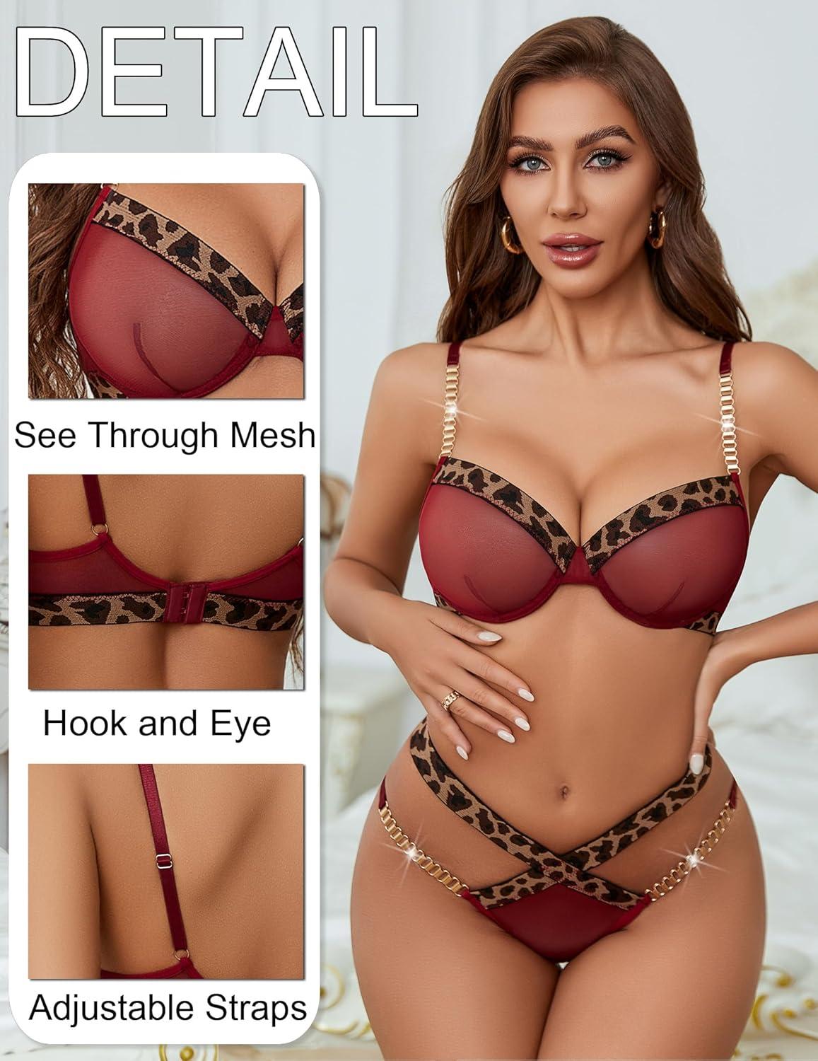 imageAvidlove Sexy Lingerie Set Mesh See Through Underwire Bra Panty Set Leopard Splice Push Up Lingerie with ChainWine Red