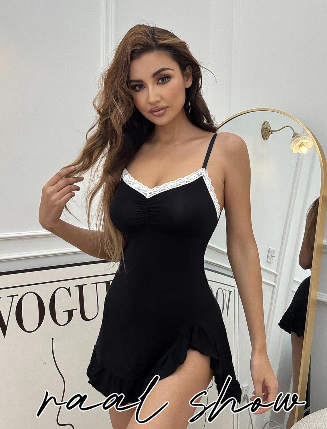 imageAvidlove Sexy Lingerie Women Lace Modal Sleepwear Chemises VNeck Full Slip Babydoll Nightgown Black XXL