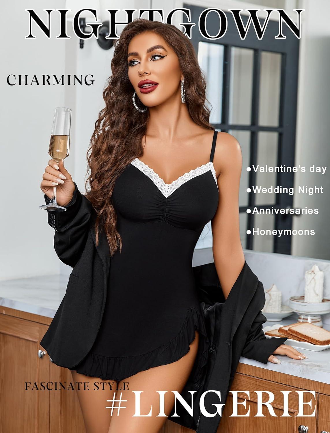 imageAvidlove Sexy Lingerie Women Lace Modal Sleepwear Chemises VNeck Full Slip Babydoll Nightgown Black XXL