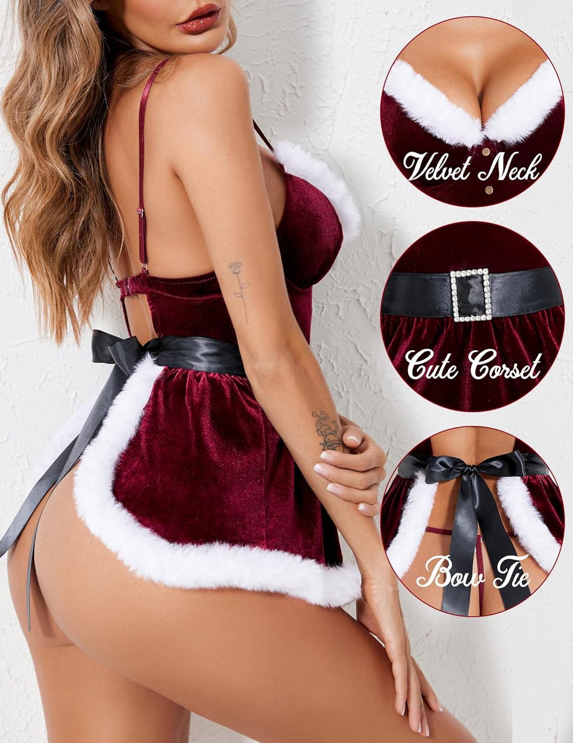 imageAvidlove Women Christmas Lingerie Santa Babydolls Chemises Red Velvet Santa Lingerie SetsDark Red