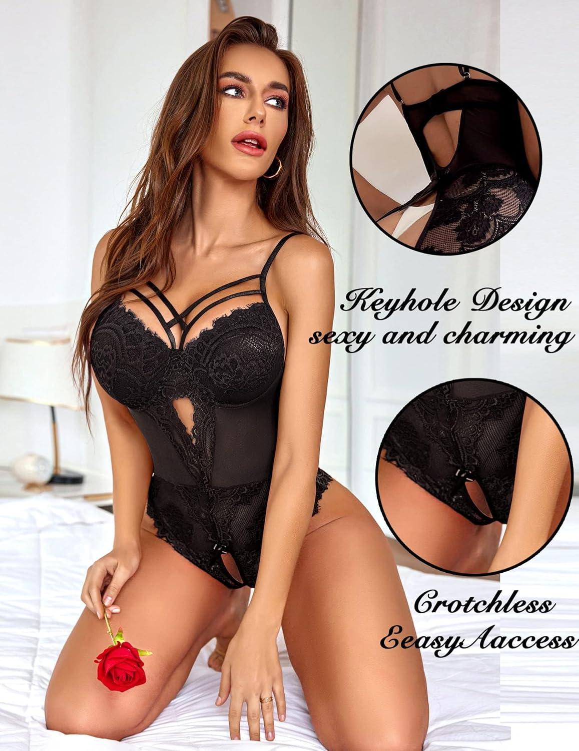 imageAvidlove Women Lingerie Floral Lace Harness Bodysuit One Piece Teddy Babydoll Nightgown