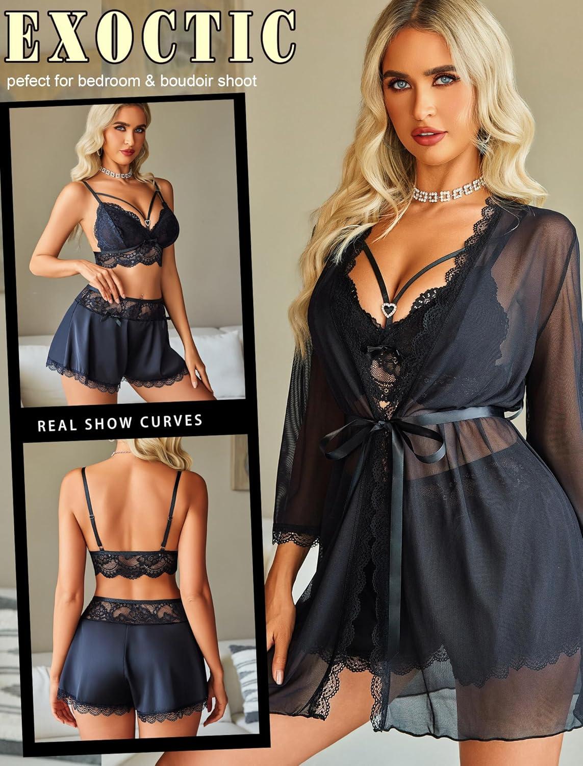 imageAvidlove Women Sexy Lingerie Set 3 Piece Lace Bra and Silk Satin Panty Sets with Mesh Kimono Robe Nightgown SleepwearBlack