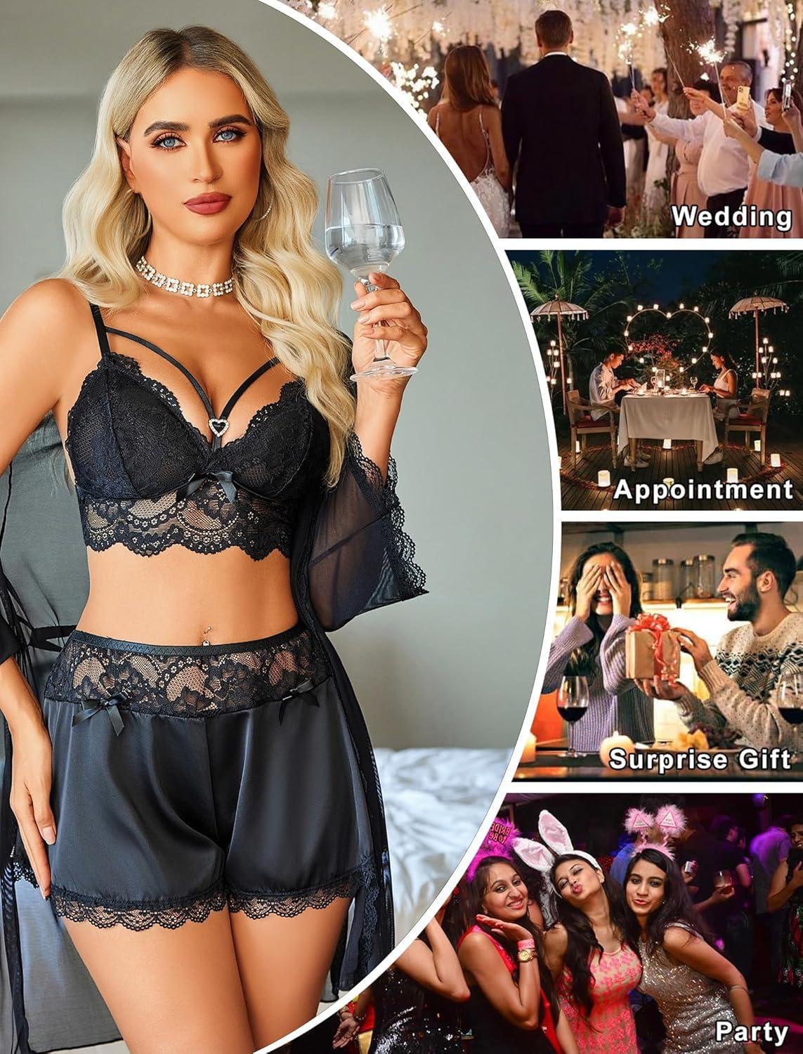 imageAvidlove Women Sexy Lingerie Set 3 Piece Lace Bra and Silk Satin Panty Sets with Mesh Kimono Robe Nightgown SleepwearBlack