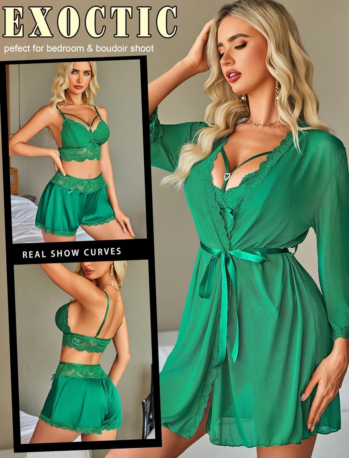 imageAvidlove Women Sexy Lingerie Set 3 Piece Lace Bra and Silk Satin Panty Sets with Mesh Kimono Robe Nightgown SleepwearGreen