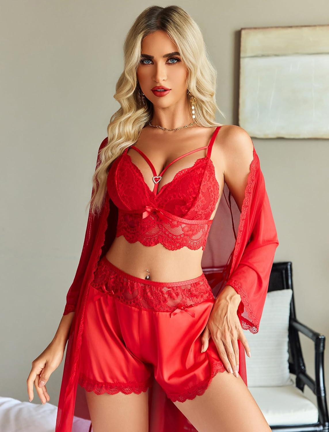 imageAvidlove Women Sexy Lingerie Set 3 Piece Lace Bra and Silk Satin Panty Sets with Mesh Kimono Robe Nightgown SleepwearRed