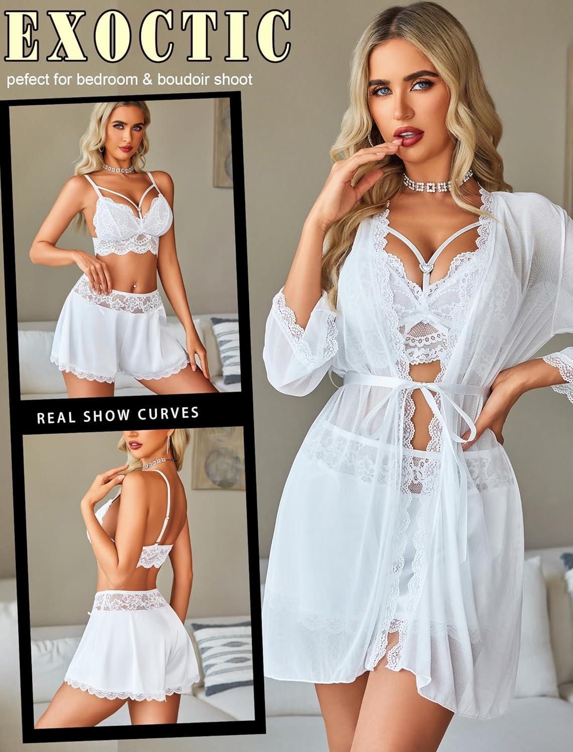 imageAvidlove Women Sexy Lingerie Set 3 Piece Lace Bra and Silk Satin Panty Sets with Mesh Kimono Robe Nightgown SleepwearWhite