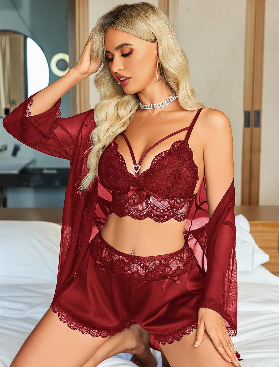 imageAvidlove Women Sexy Lingerie Set 3 Piece Lace Bra and Silk Satin Panty Sets with Mesh Kimono Robe Nightgown SleepwearWine Red