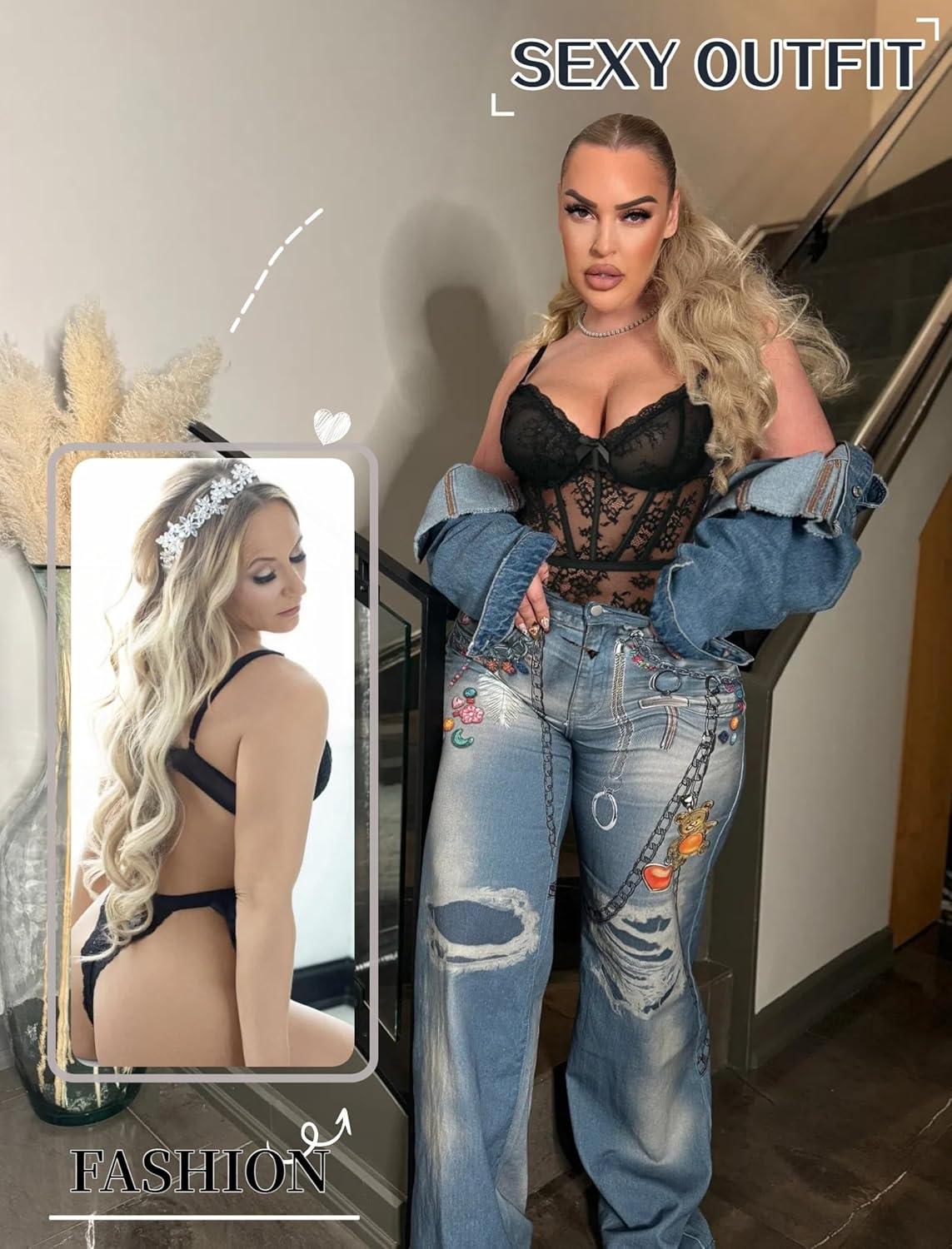 imageAvidlove Women Teddy Lingerie Deep V Lace Bodysuit Lingerie One Piece Mini Babydoll Satiny Side BowBlack