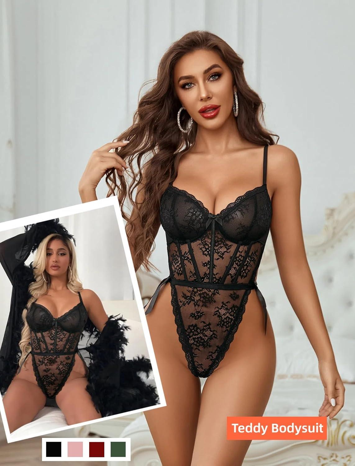 imageAvidlove Women Teddy Lingerie Deep V Lace Bodysuit Lingerie One Piece Mini Babydoll Satiny Side BowBlack