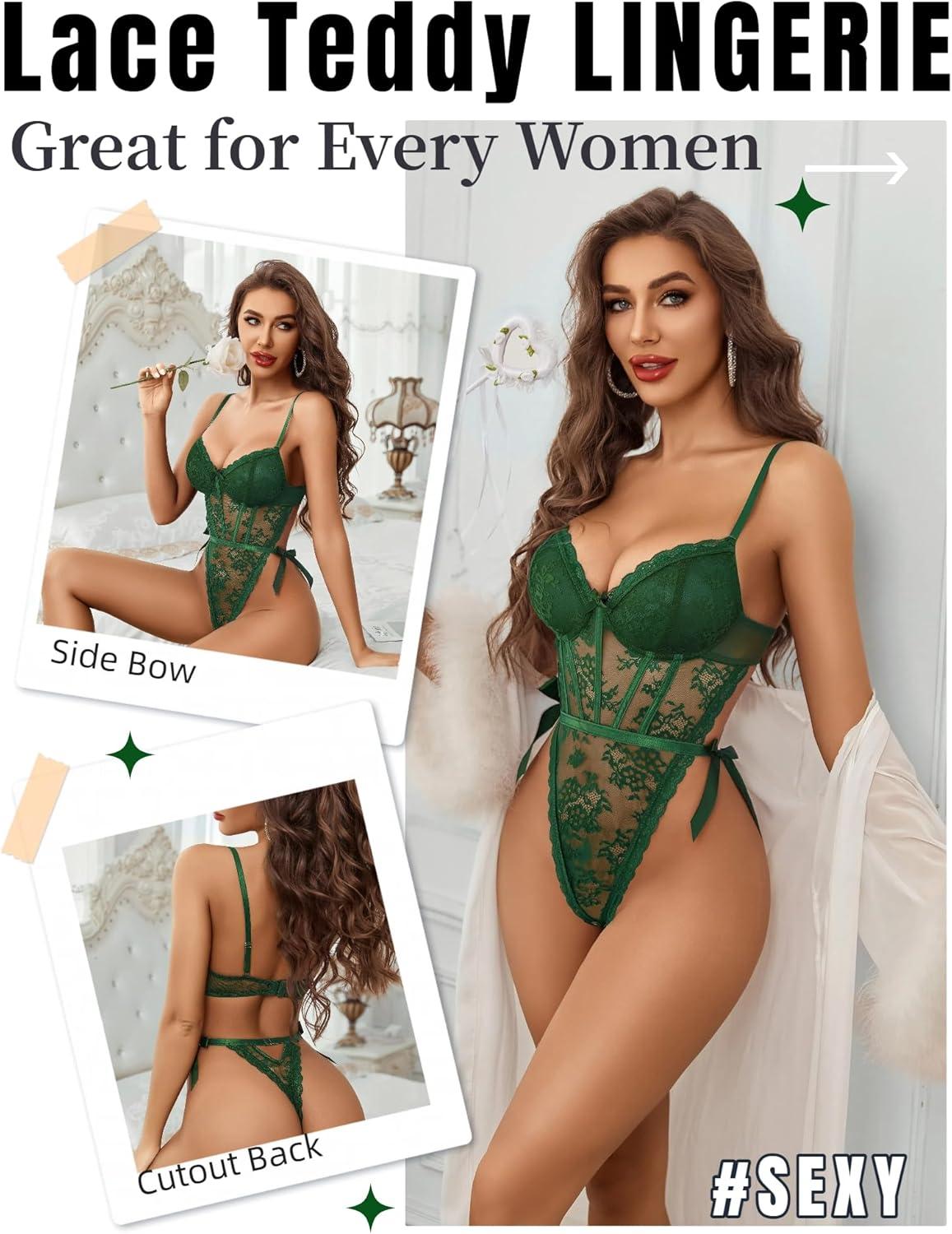 imageAvidlove Women Teddy Lingerie Deep V Lace Bodysuit Lingerie One Piece Mini Babydoll Satiny Side BowGreen