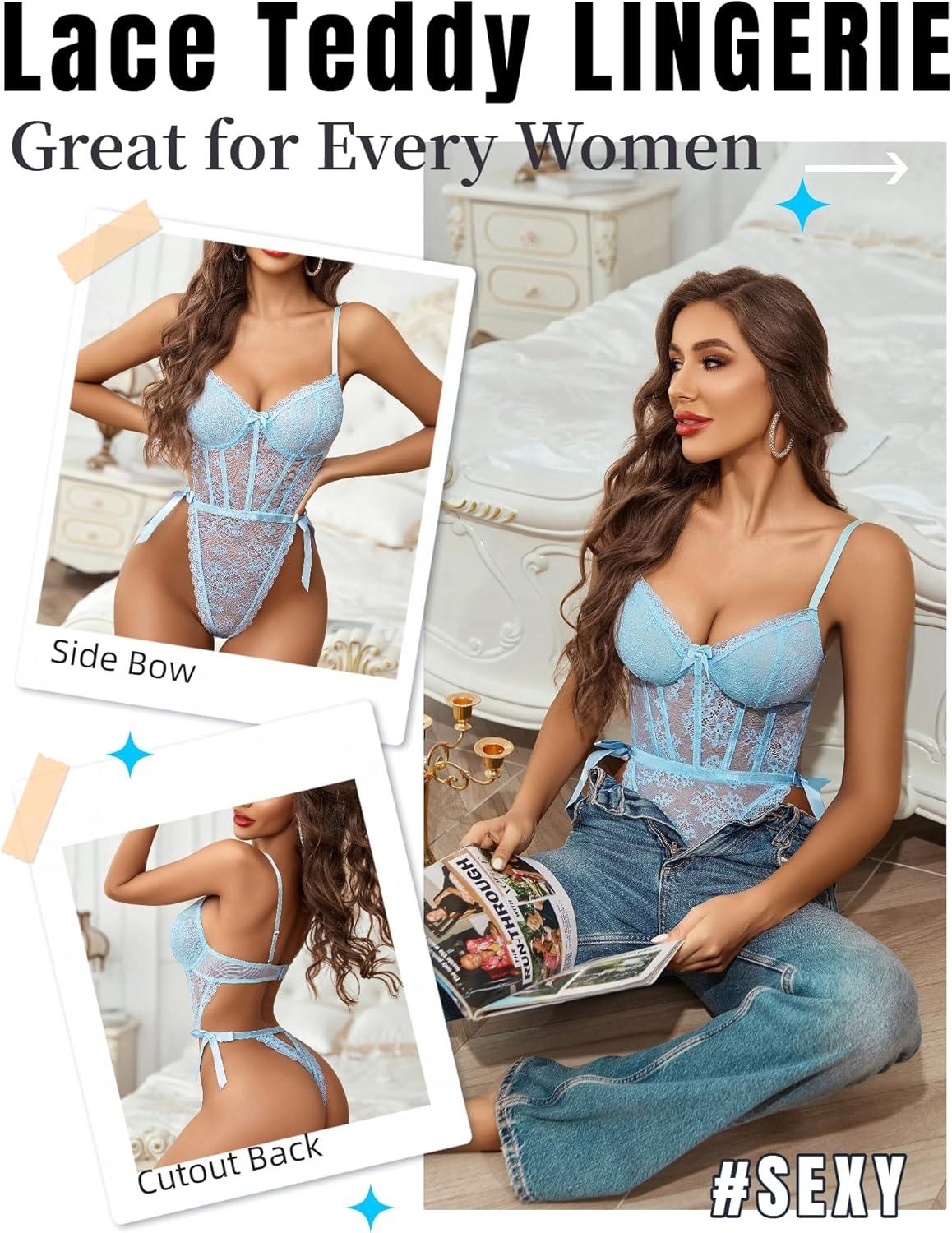 imageAvidlove Women Teddy Lingerie Deep V Lace Bodysuit Lingerie One Piece Mini Babydoll Satiny Side BowLight Blue