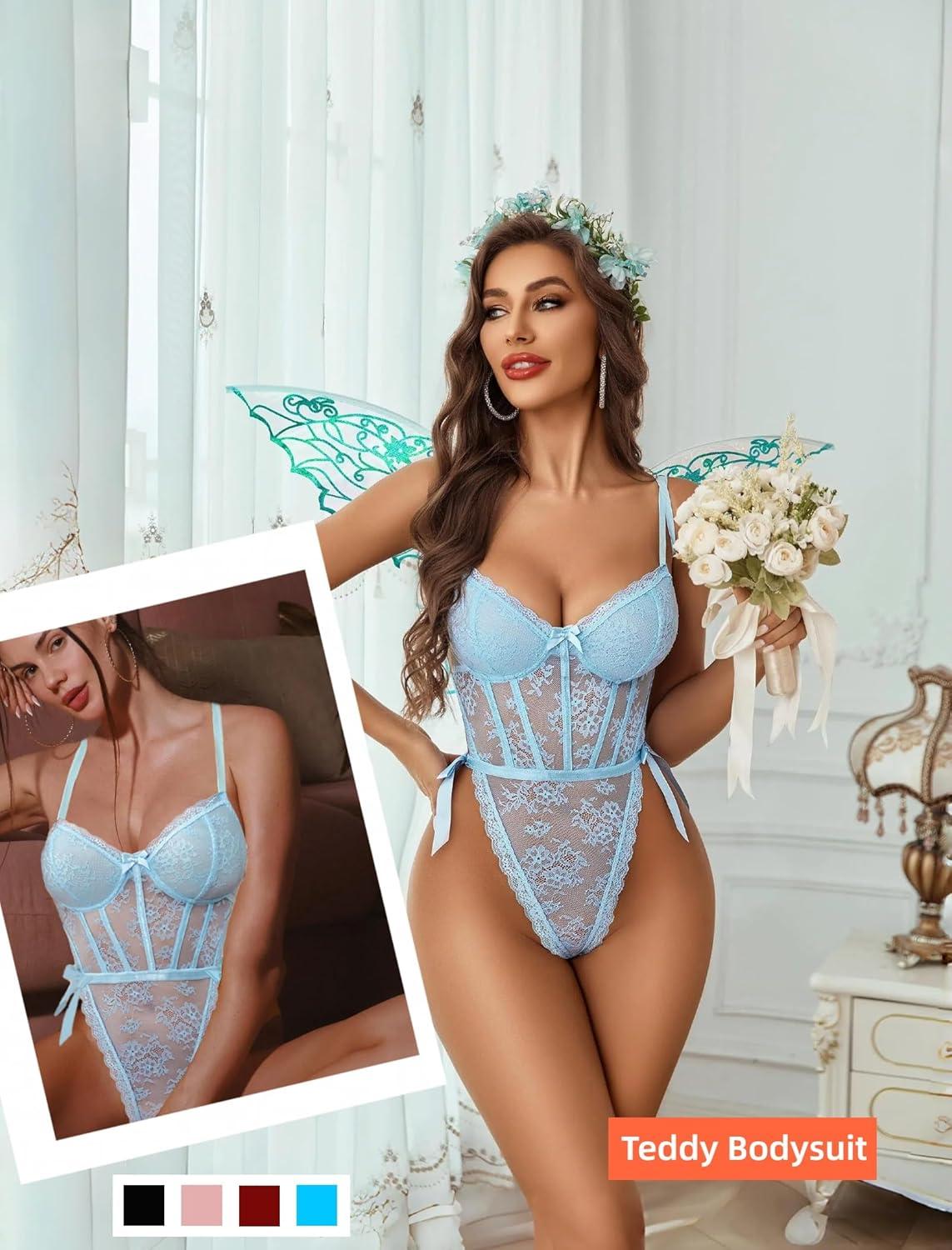 imageAvidlove Women Teddy Lingerie Deep V Lace Bodysuit Lingerie One Piece Mini Babydoll Satiny Side BowLight Blue
