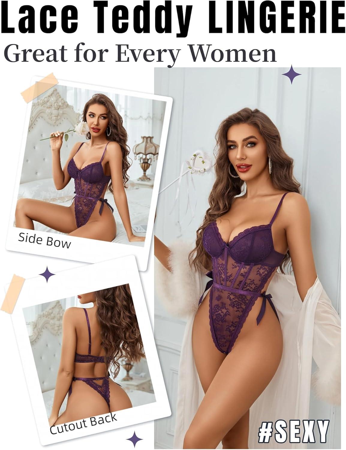 imageAvidlove Women Teddy Lingerie Deep V Lace Bodysuit Lingerie One Piece Mini Babydoll Satiny Side BowPurple