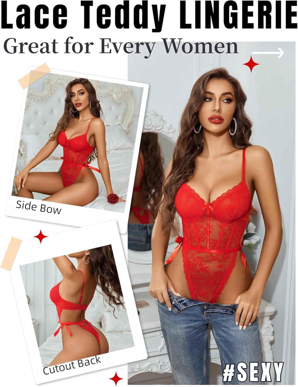 imageAvidlove Women Teddy Lingerie Deep V Lace Bodysuit Lingerie One Piece Mini Babydoll Satiny Side BowRed