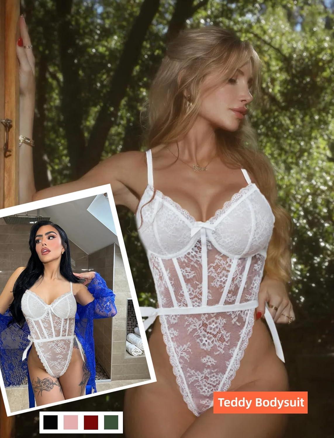 imageAvidlove Women Teddy Lingerie Deep V Lace Bodysuit Lingerie One Piece Mini Babydoll Satiny Side BowWhite