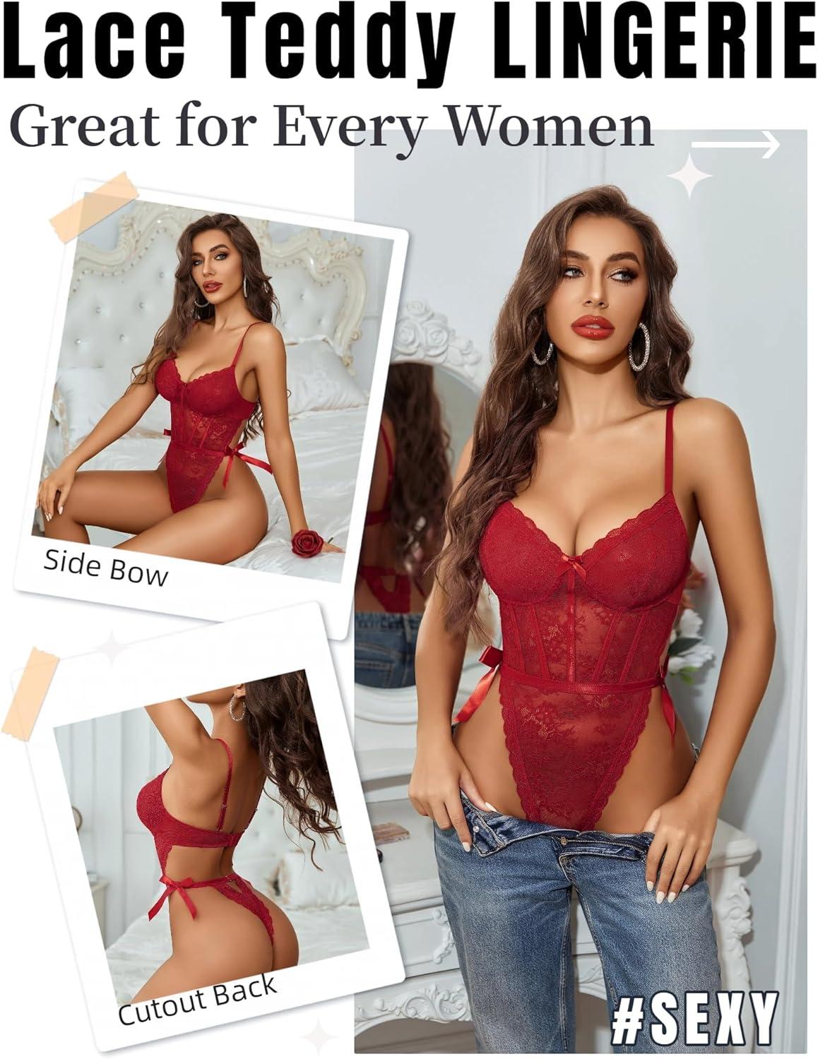 imageAvidlove Women Teddy Lingerie Deep V Lace Bodysuit Lingerie One Piece Mini Babydoll Satiny Side BowWine Red