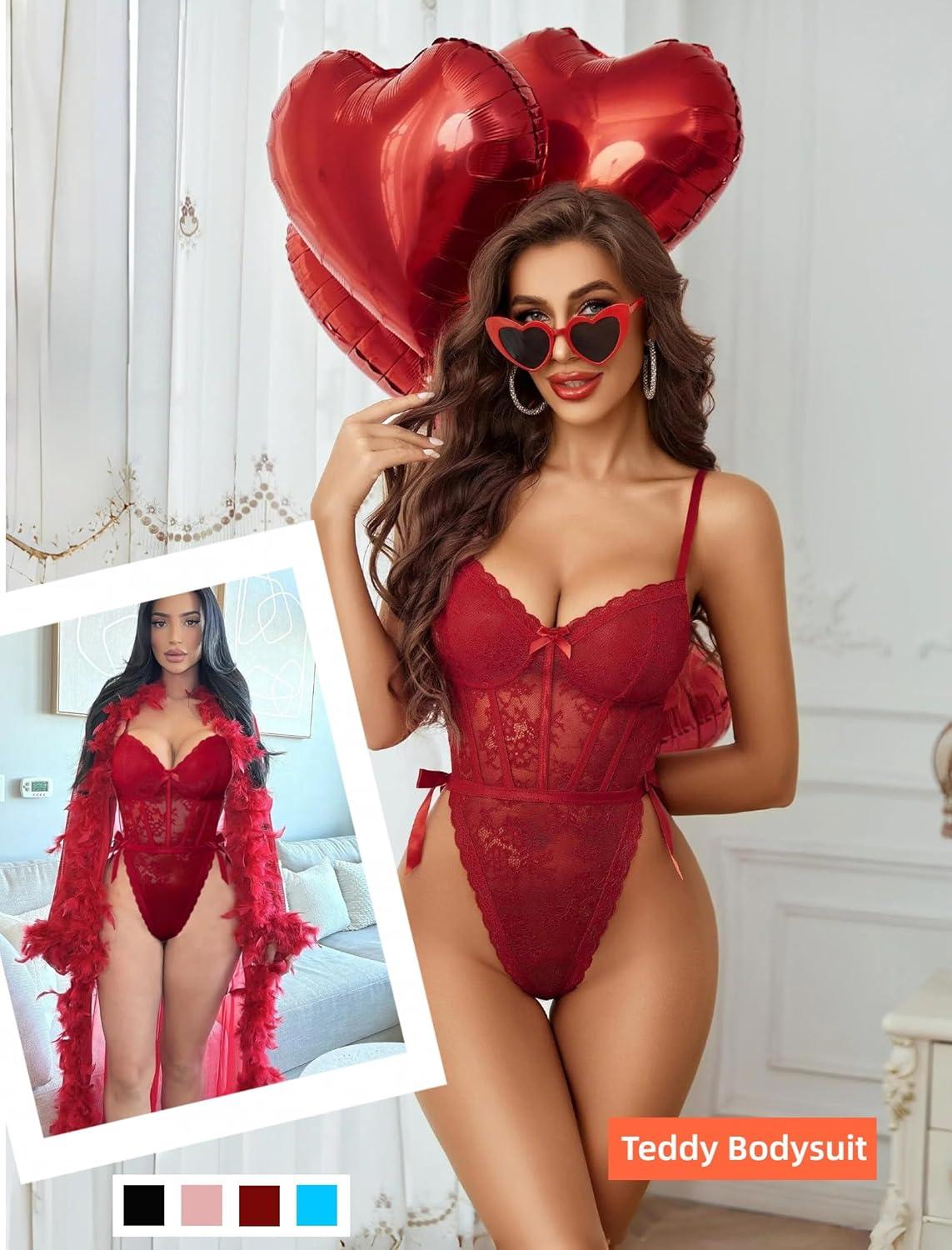 imageAvidlove Women Teddy Lingerie Deep V Lace Bodysuit Lingerie One Piece Mini Babydoll Satiny Side BowWine Red