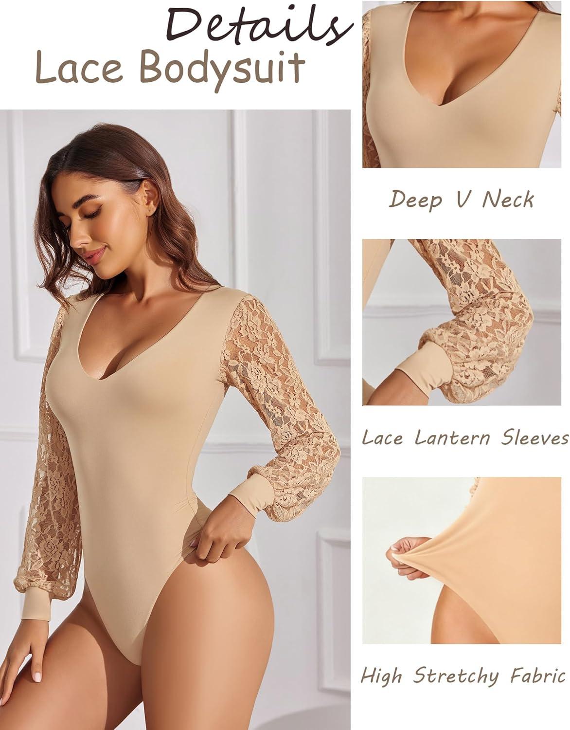 imageAvidlove Womens Long Sleeve Bodysuit Double Lined V Neck Lace Puff Sleeves Going Out Top Shirts Thong Leotard Body SuitBeige
