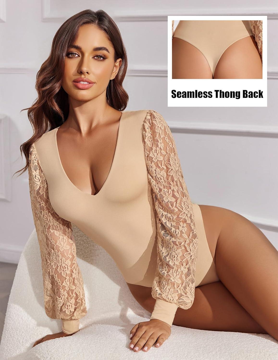 imageAvidlove Womens Long Sleeve Bodysuit Double Lined V Neck Lace Puff Sleeves Going Out Top Shirts Thong Leotard Body SuitBeige