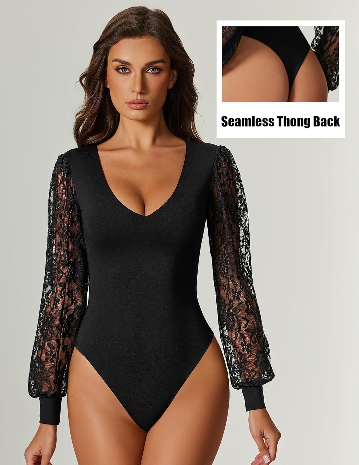 imageAvidlove Womens Long Sleeve Bodysuit Double Lined V Neck Lace Puff Sleeves Going Out Top Shirts Thong Leotard Body SuitBlack