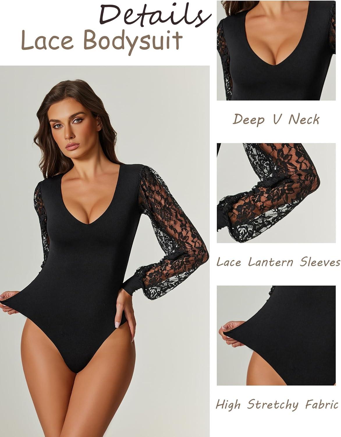imageAvidlove Womens Long Sleeve Bodysuit Double Lined V Neck Lace Puff Sleeves Going Out Top Shirts Thong Leotard Body SuitBlack