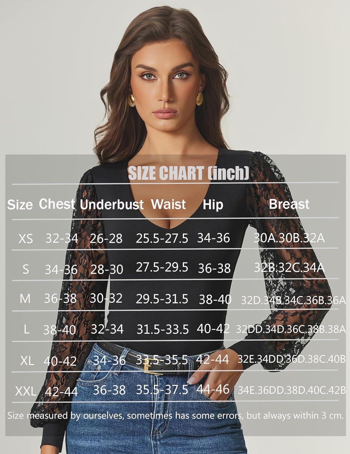 imageAvidlove Womens Long Sleeve Bodysuit Double Lined V Neck Lace Puff Sleeves Going Out Top Shirts Thong Leotard Body SuitBlack