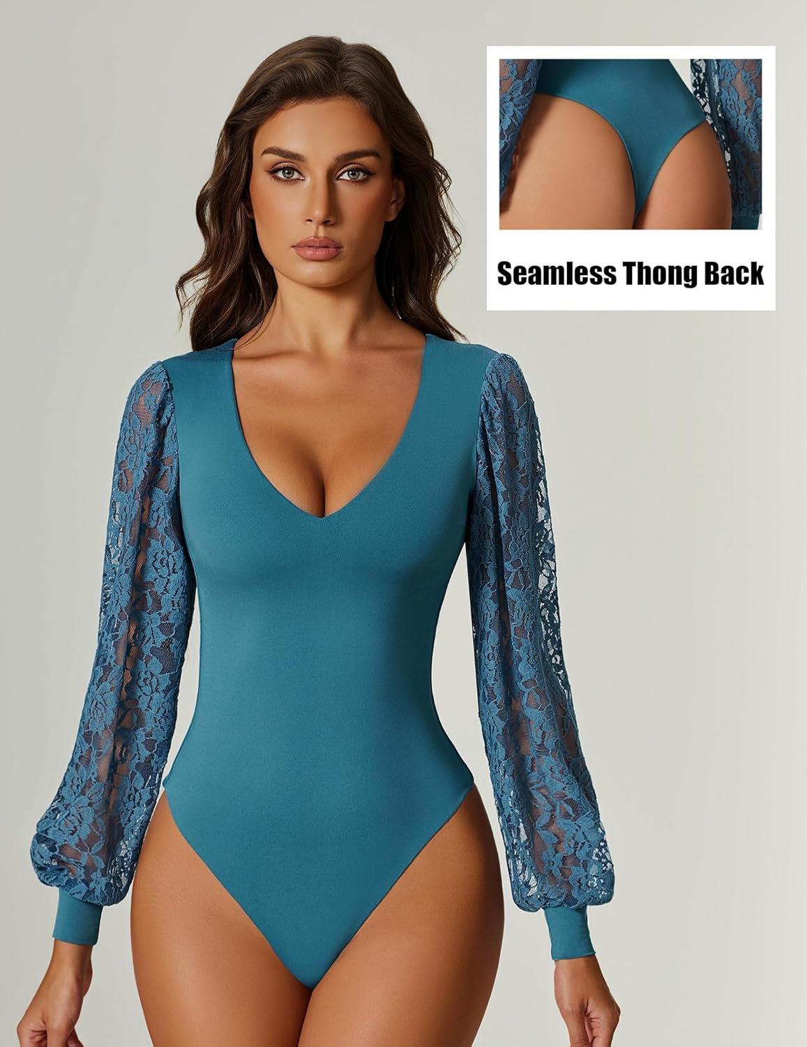 imageAvidlove Womens Long Sleeve Bodysuit Double Lined V Neck Lace Puff Sleeves Going Out Top Shirts Thong Leotard Body SuitBlue