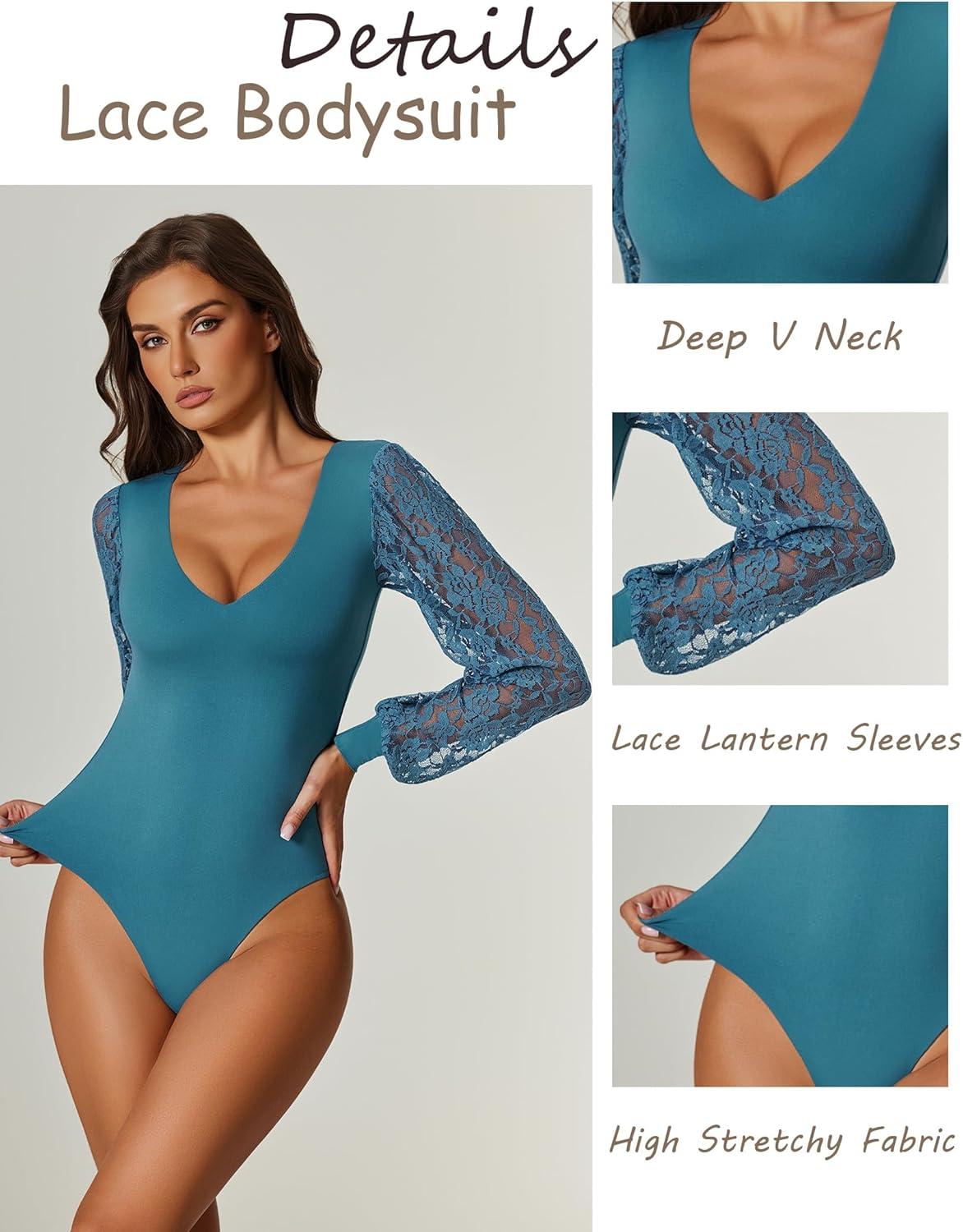 imageAvidlove Womens Long Sleeve Bodysuit Double Lined V Neck Lace Puff Sleeves Going Out Top Shirts Thong Leotard Body SuitBlue
