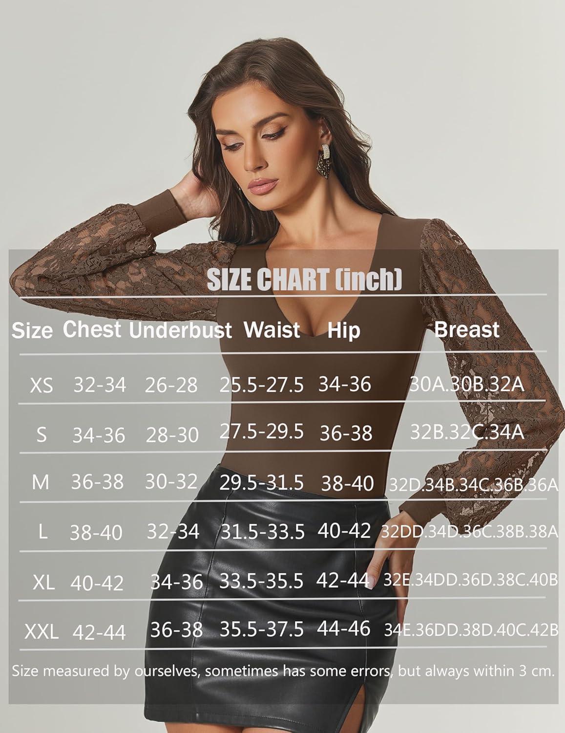 imageAvidlove Womens Long Sleeve Bodysuit Double Lined V Neck Lace Puff Sleeves Going Out Top Shirts Thong Leotard Body SuitBrown
