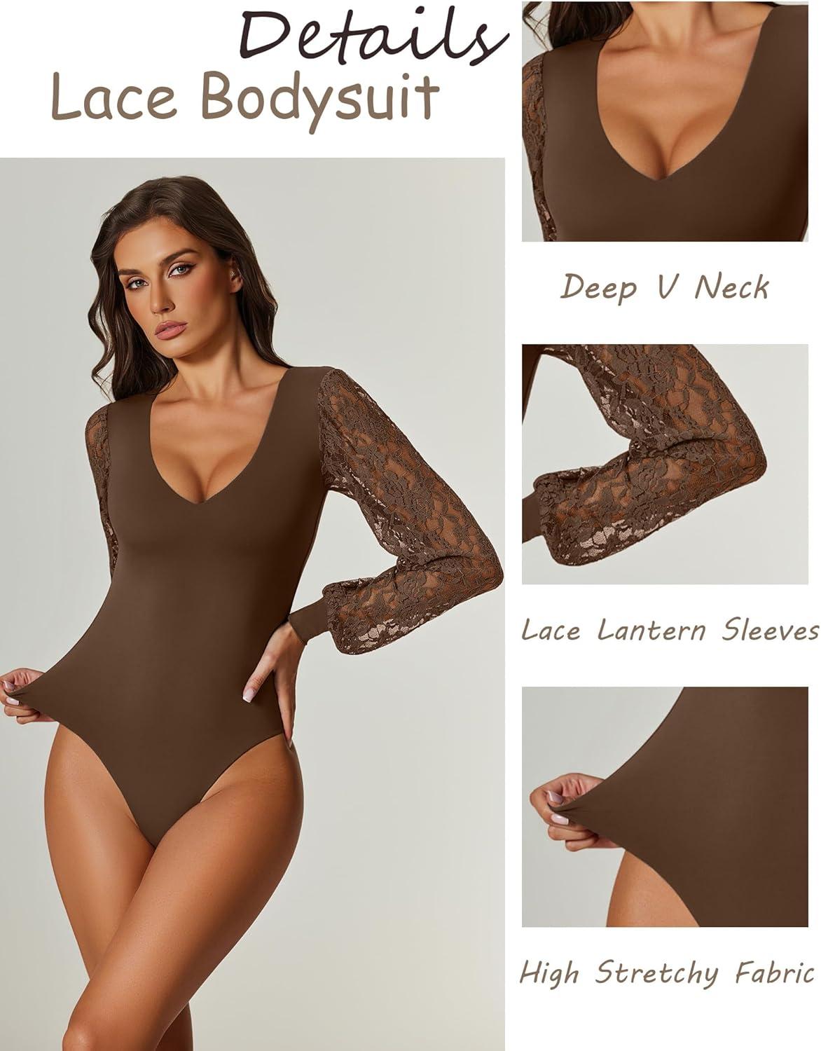 imageAvidlove Womens Long Sleeve Bodysuit Double Lined V Neck Lace Puff Sleeves Going Out Top Shirts Thong Leotard Body SuitBrown