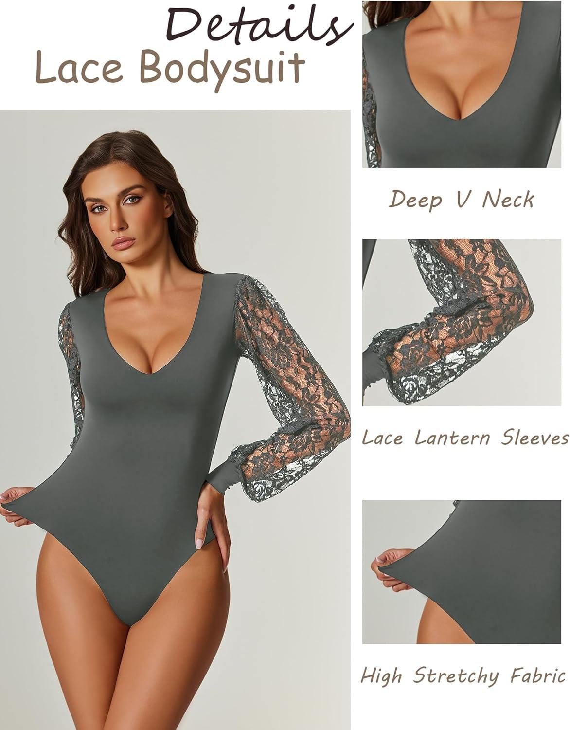 imageAvidlove Womens Long Sleeve Bodysuit Double Lined V Neck Lace Puff Sleeves Going Out Top Shirts Thong Leotard Body SuitGrey