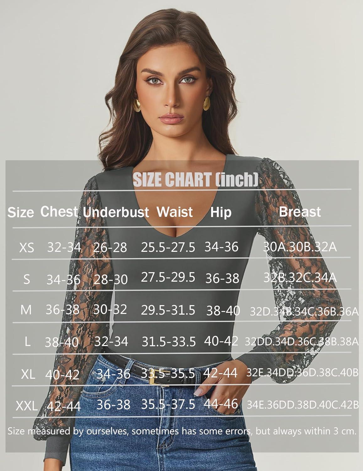 imageAvidlove Womens Long Sleeve Bodysuit Double Lined V Neck Lace Puff Sleeves Going Out Top Shirts Thong Leotard Body SuitGrey