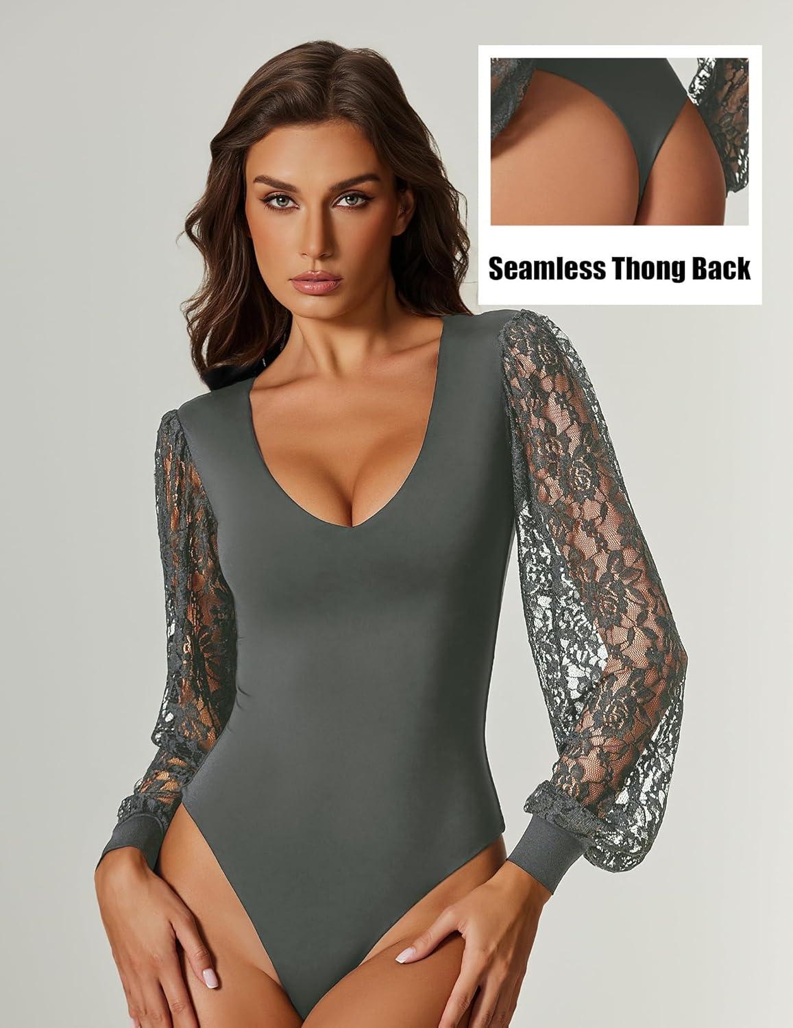 imageAvidlove Womens Long Sleeve Bodysuit Double Lined V Neck Lace Puff Sleeves Going Out Top Shirts Thong Leotard Body SuitGrey