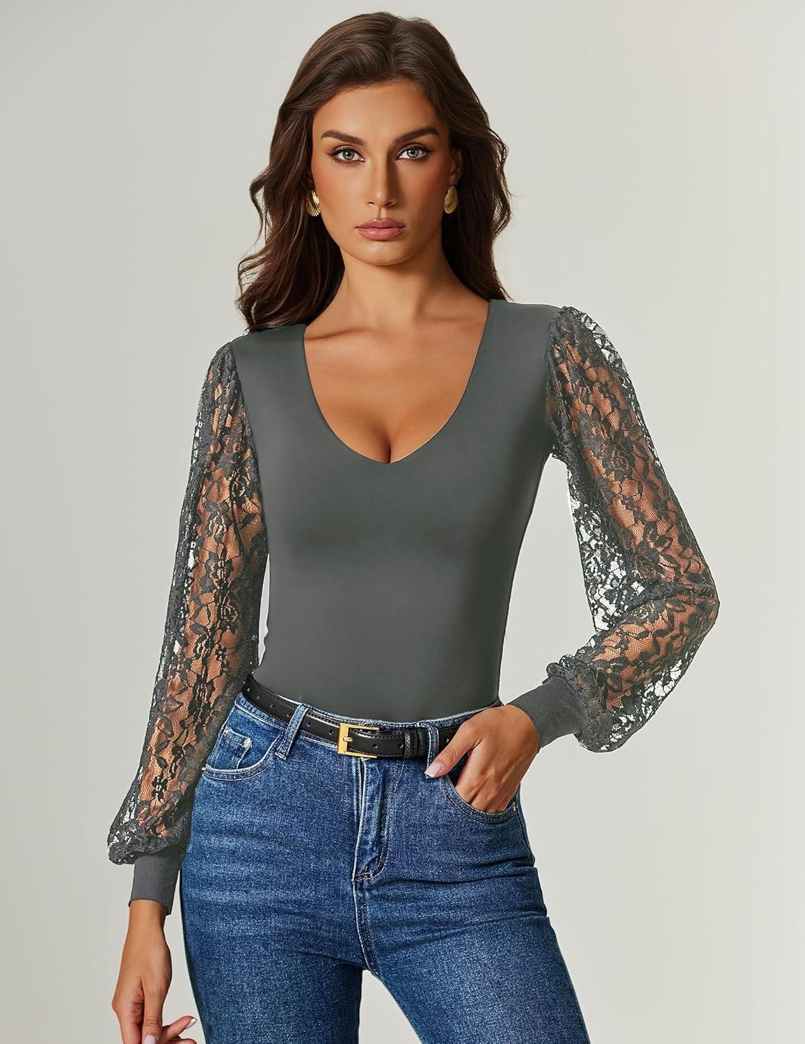 imageAvidlove Womens Long Sleeve Bodysuit Double Lined V Neck Lace Puff Sleeves Going Out Top Shirts Thong Leotard Body SuitGrey