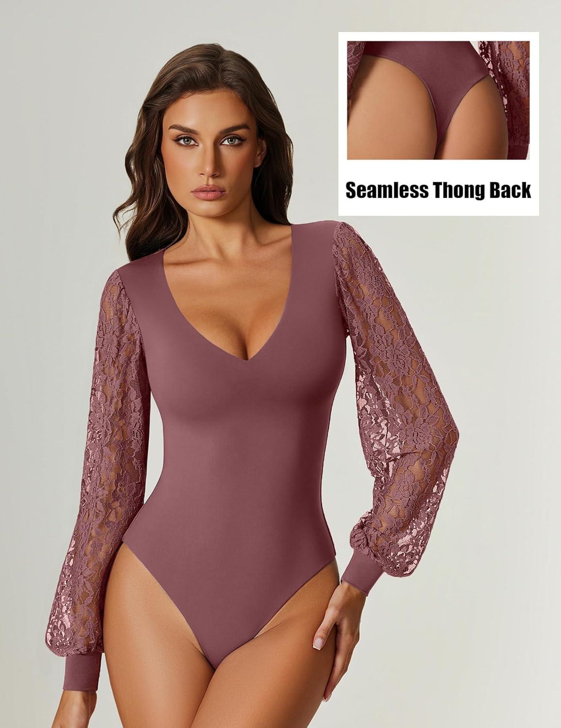 imageAvidlove Womens Long Sleeve Bodysuit Double Lined V Neck Lace Puff Sleeves Going Out Top Shirts Thong Leotard Body SuitPurple