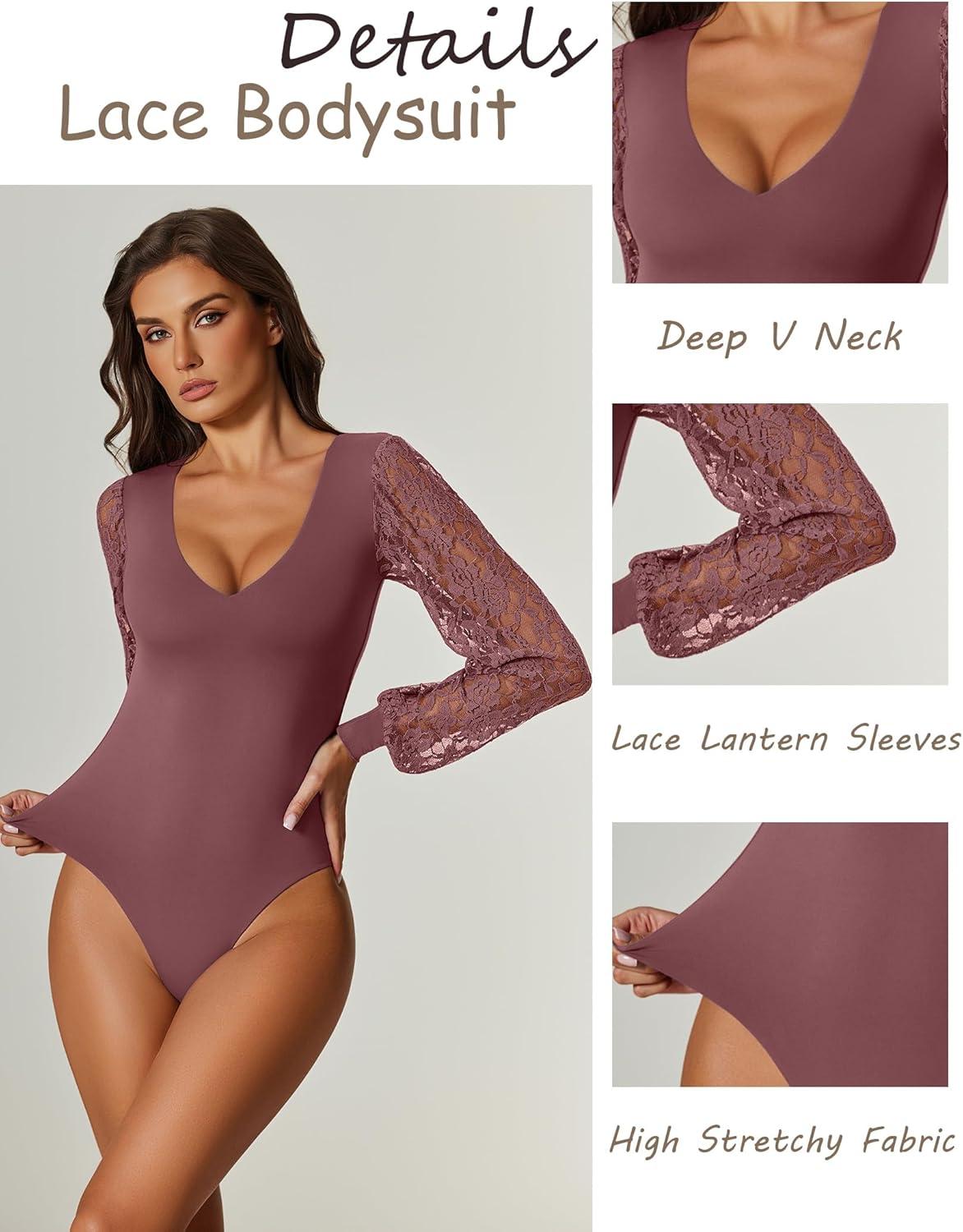 imageAvidlove Womens Long Sleeve Bodysuit Double Lined V Neck Lace Puff Sleeves Going Out Top Shirts Thong Leotard Body SuitPurple