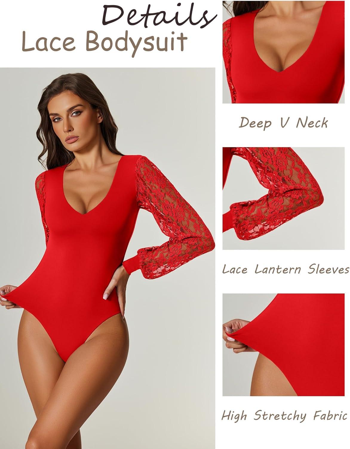 imageAvidlove Womens Long Sleeve Bodysuit Double Lined V Neck Lace Puff Sleeves Going Out Top Shirts Thong Leotard Body SuitRed