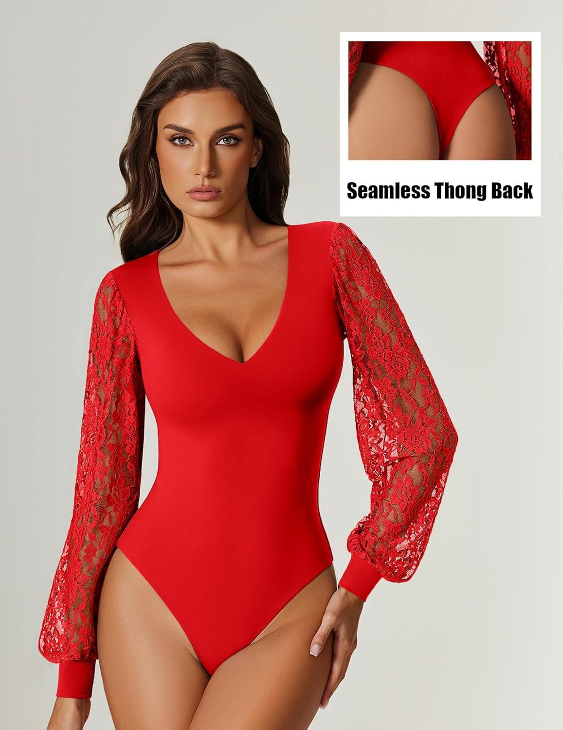 imageAvidlove Womens Long Sleeve Bodysuit Double Lined V Neck Lace Puff Sleeves Going Out Top Shirts Thong Leotard Body SuitRed