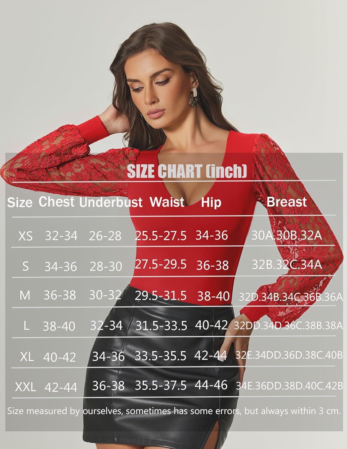 imageAvidlove Womens Long Sleeve Bodysuit Double Lined V Neck Lace Puff Sleeves Going Out Top Shirts Thong Leotard Body SuitRed