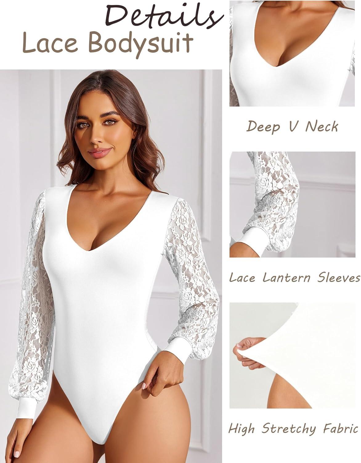 imageAvidlove Womens Long Sleeve Bodysuit Double Lined V Neck Lace Puff Sleeves Going Out Top Shirts Thong Leotard Body SuitWhite