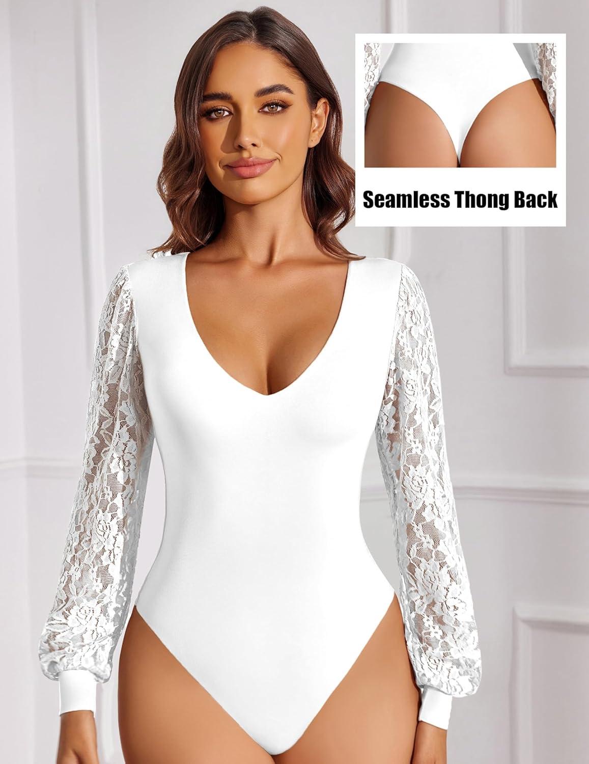 imageAvidlove Womens Long Sleeve Bodysuit Double Lined V Neck Lace Puff Sleeves Going Out Top Shirts Thong Leotard Body SuitWhite