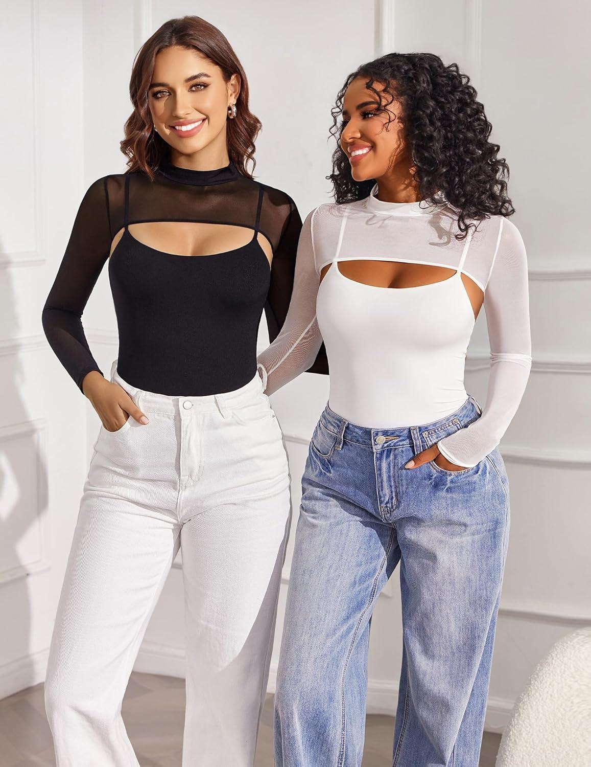 imageAvidlove Womens Long Sleeve Bodysuits Mock Turtle Neck Shapewear Bodysuit Sexy Mesh Bodysuit Two Piece Outfit Cami TopsBlack