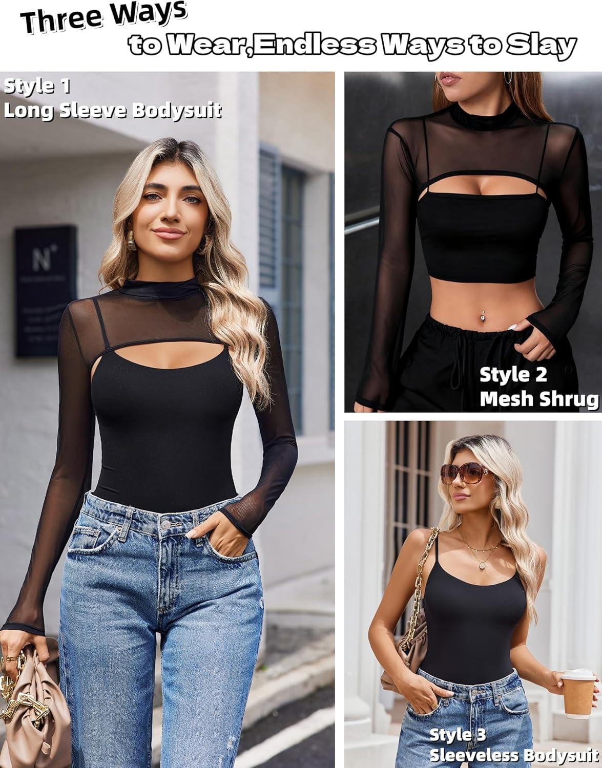 imageAvidlove Womens Long Sleeve Bodysuits Mock Turtle Neck Shapewear Bodysuit Sexy Mesh Bodysuit Two Piece Outfit Cami TopsBlack