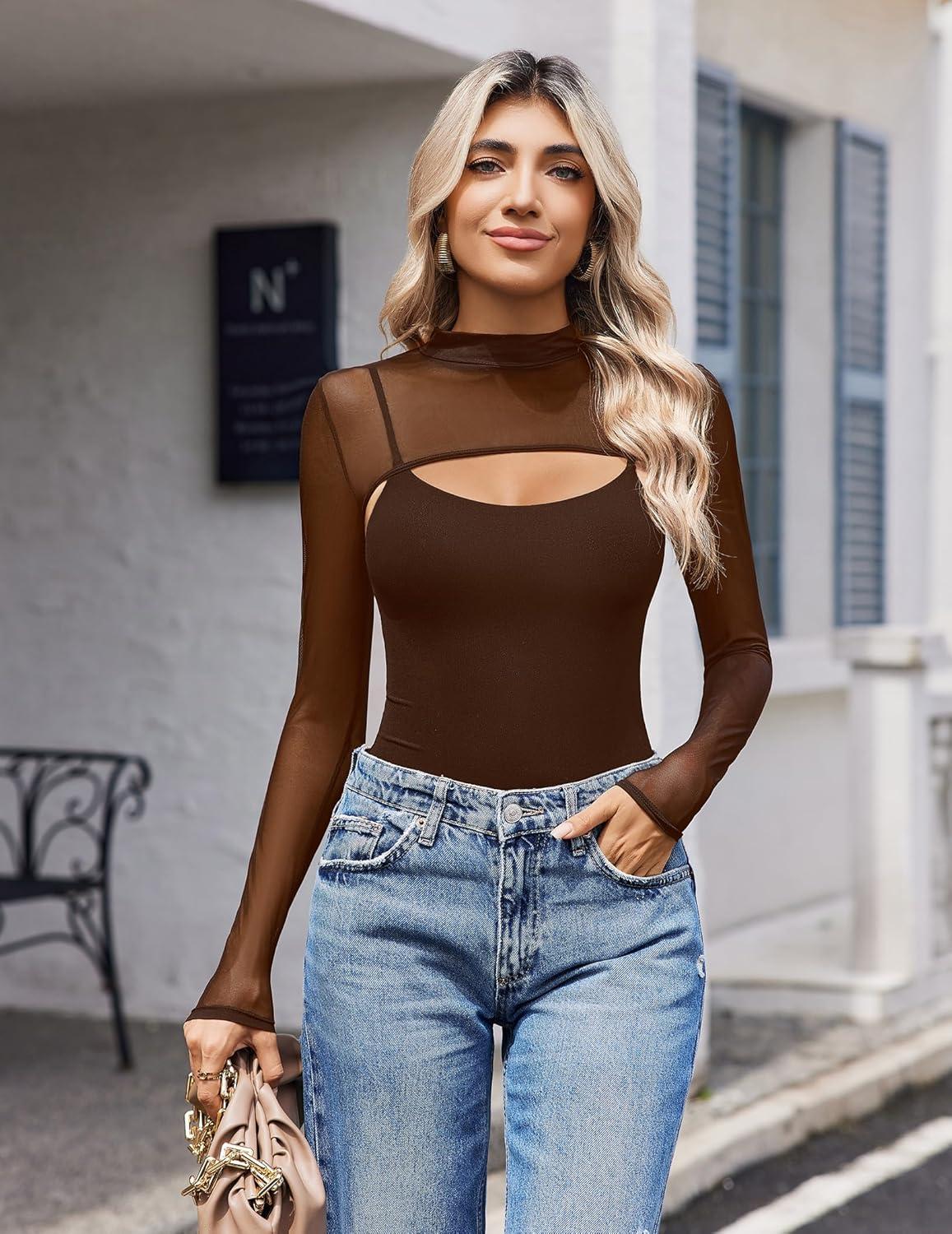 imageAvidlove Womens Long Sleeve Bodysuits Mock Turtle Neck Shapewear Bodysuit Sexy Mesh Bodysuit Two Piece Outfit Cami TopsBrown