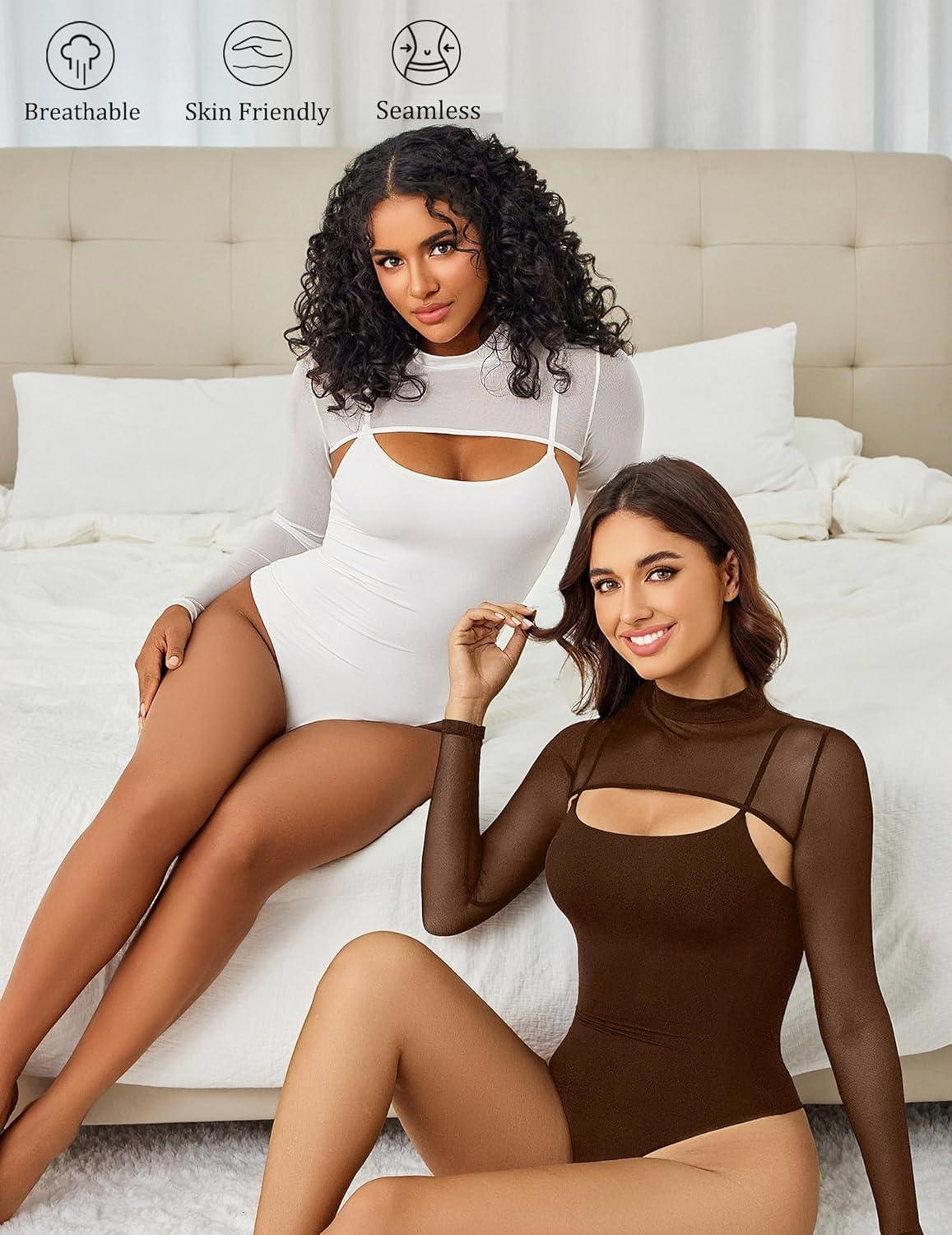 imageAvidlove Womens Long Sleeve Bodysuits Mock Turtle Neck Shapewear Bodysuit Sexy Mesh Bodysuit Two Piece Outfit Cami TopsBrown