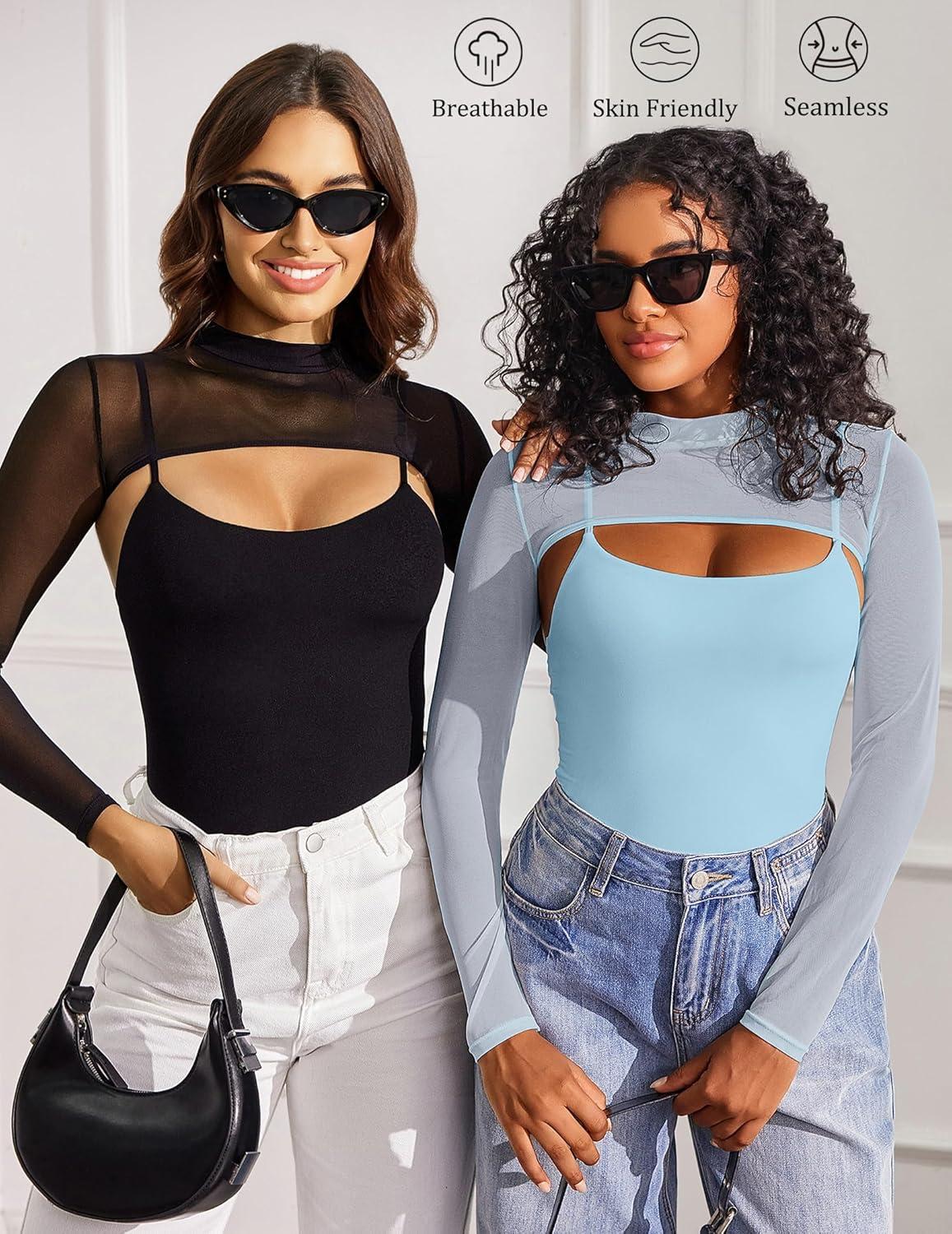 imageAvidlove Womens Long Sleeve Bodysuits Mock Turtle Neck Shapewear Bodysuit Sexy Mesh Bodysuit Two Piece Outfit Cami TopsLight Blue