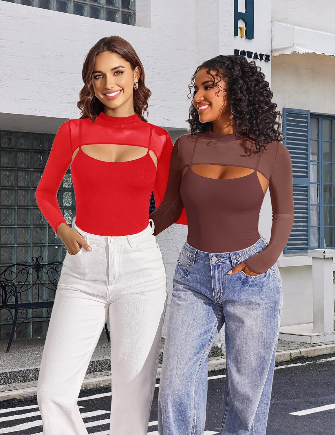 imageAvidlove Womens Long Sleeve Bodysuits Mock Turtle Neck Shapewear Bodysuit Sexy Mesh Bodysuit Two Piece Outfit Cami TopsPurple Red