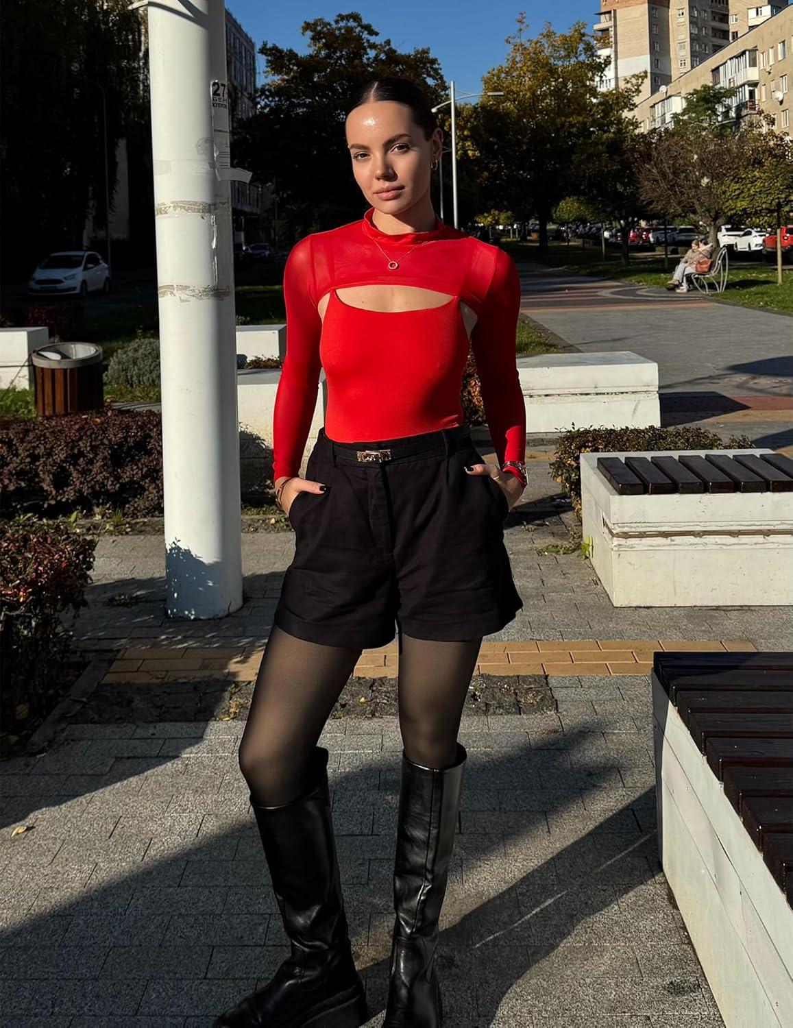 imageAvidlove Womens Long Sleeve Bodysuits Mock Turtle Neck Shapewear Bodysuit Sexy Mesh Bodysuit Two Piece Outfit Cami TopsRed