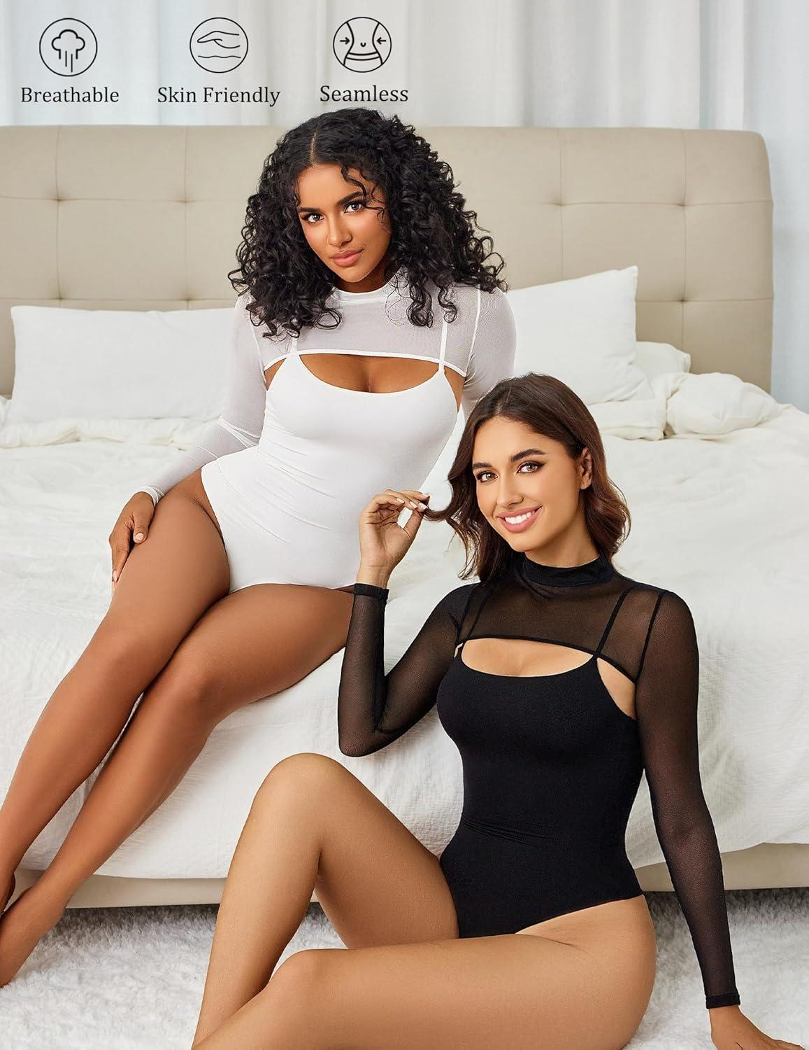 imageAvidlove Womens Long Sleeve Bodysuits Mock Turtle Neck Shapewear Bodysuit Sexy Mesh Bodysuit Two Piece Outfit Cami TopsWhite